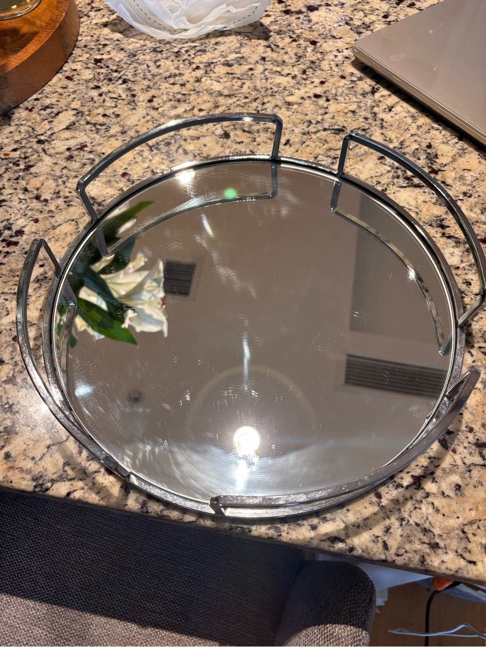 Round Mirrored Serving Tray with Silver Metal Frame